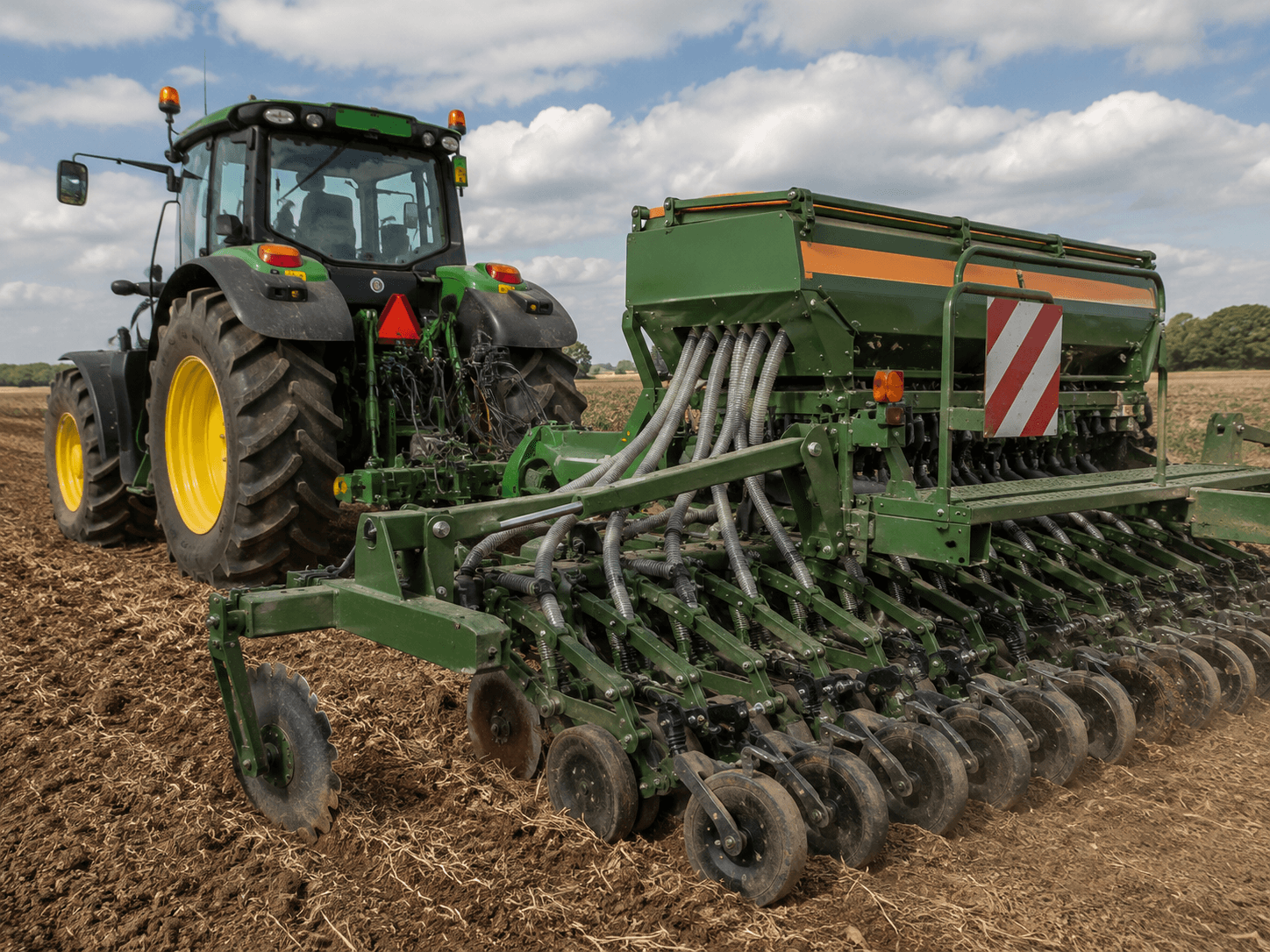 Close-up of modern agricultural machinery with visible steel mechanical components