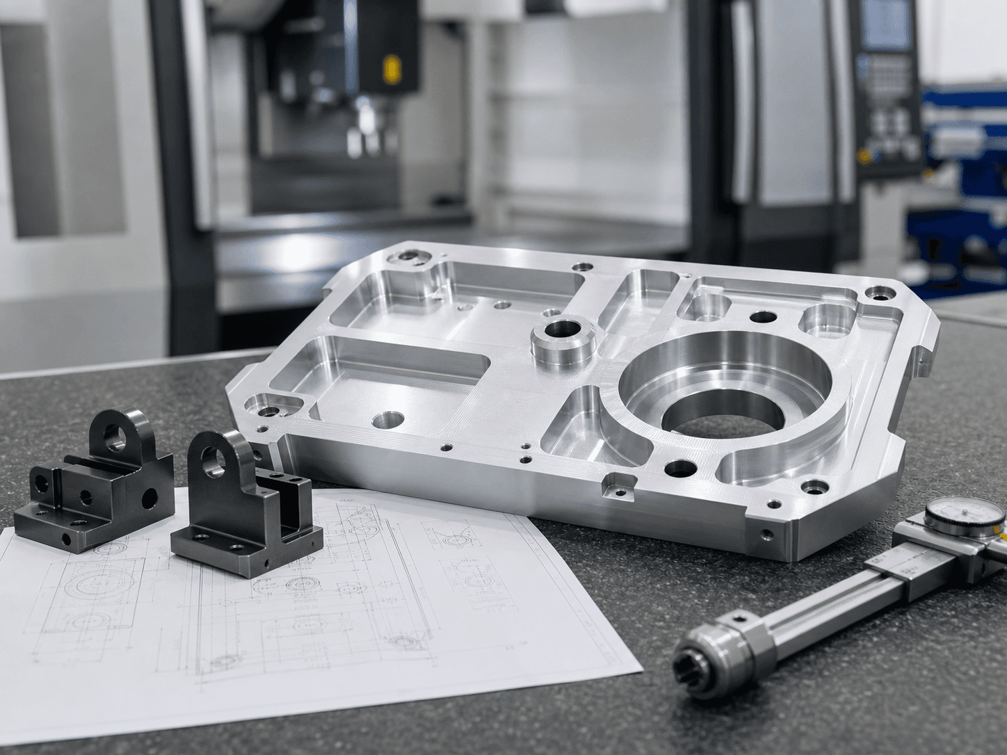 Precision-machined aluminium component with visible milled pockets, counterbores, and mounting surfaces for industrial equipment