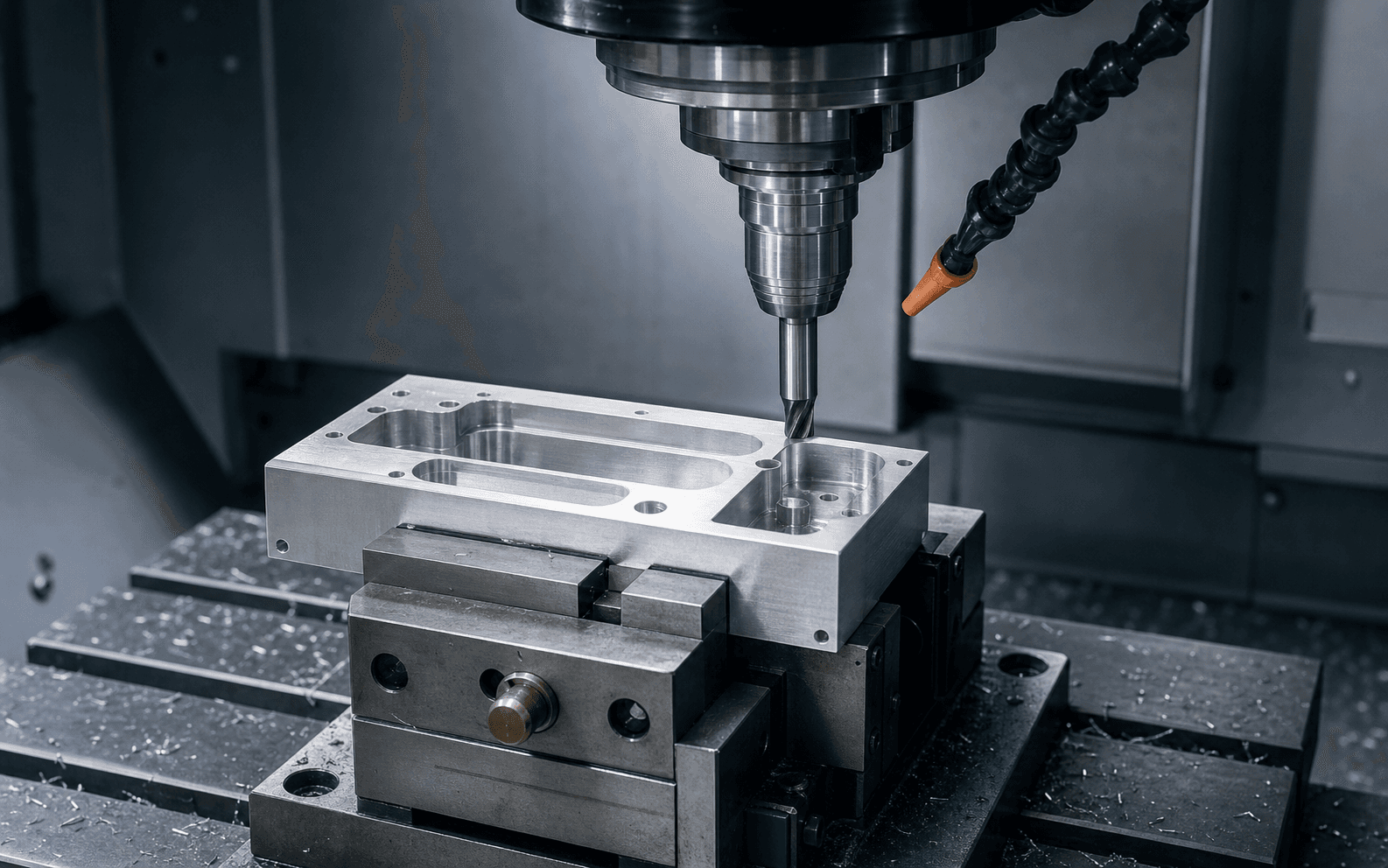 Precision CNC-machined aluminium component with visible pockets, drilled holes, and machined surfaces
