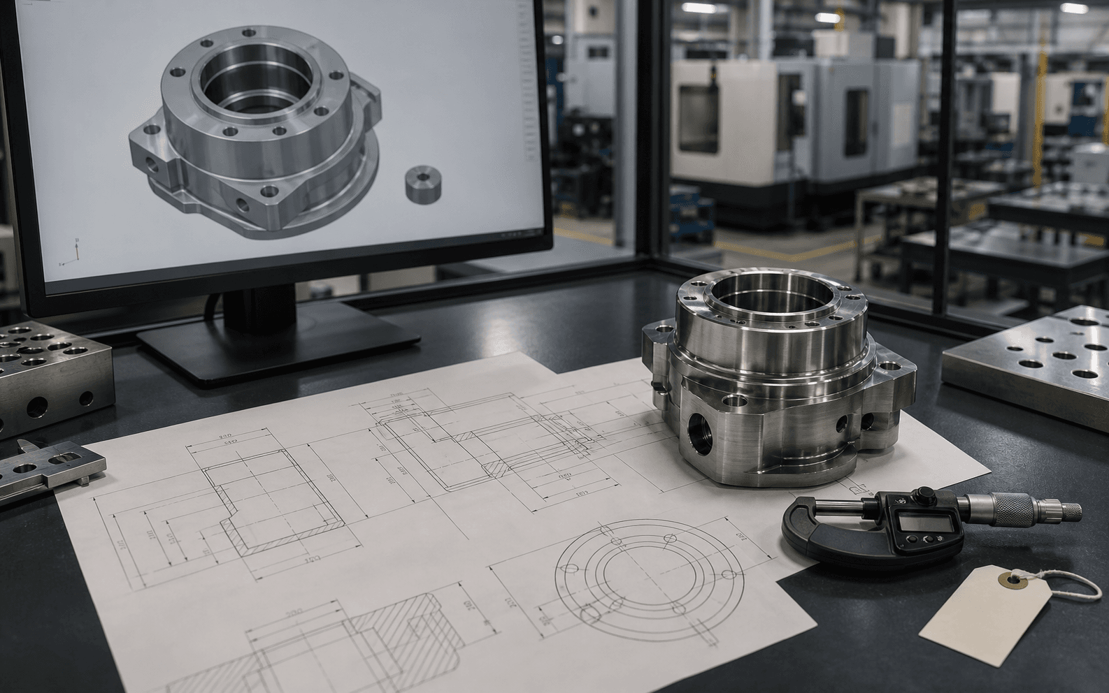 Machined component positioned next to a technical drawing and inspection document