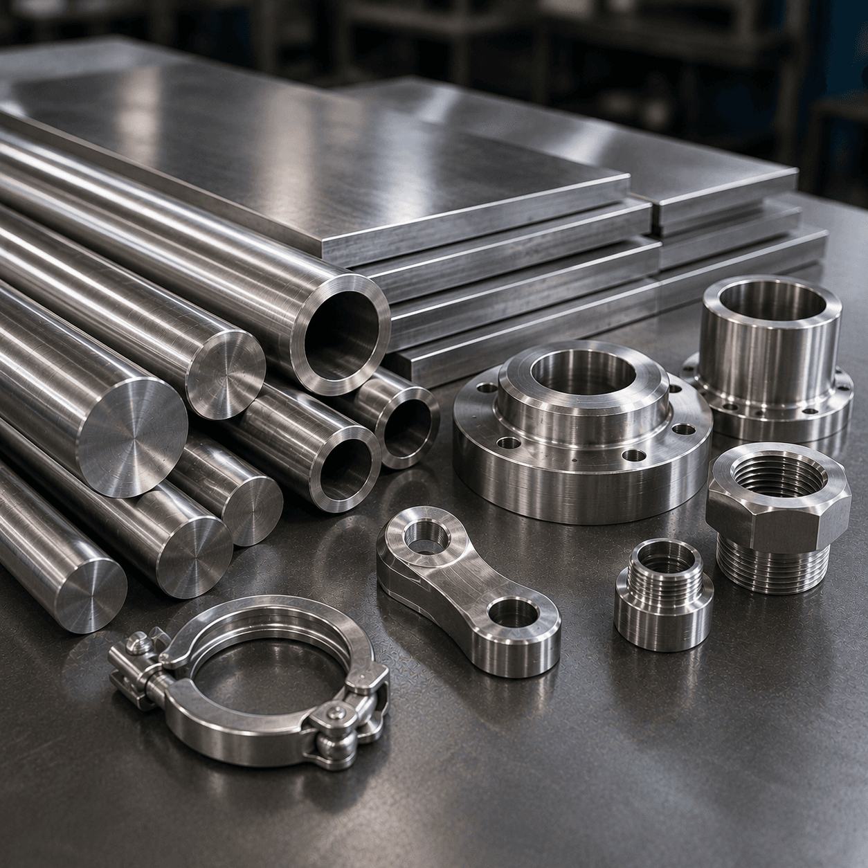 Precision-machined stainless steel component with visible milling, drilling, and threaded features