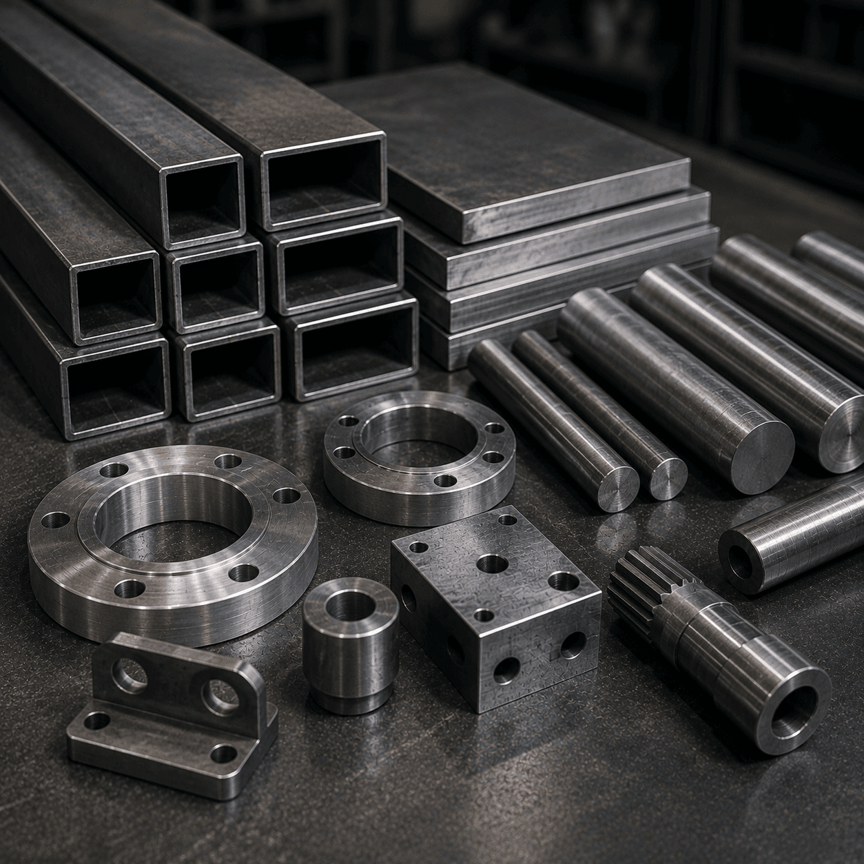 Precision CNC-machined carbon steel mounting block and machine fixture showing clean milled surfaces