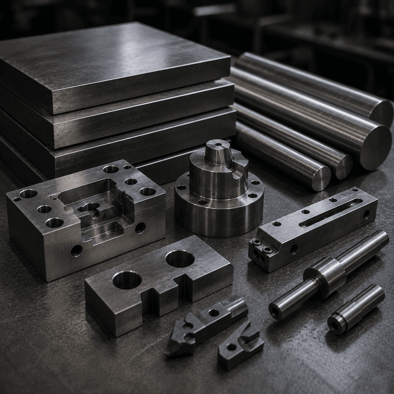 Dark-finish precision-machined tool-steel component or industrial fixture with tight tolerance features