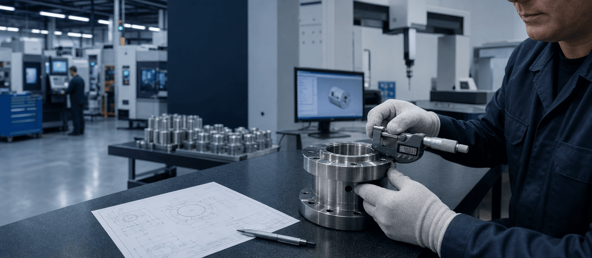 Precision CNC-machined steel component being inspected with a digital micrometer in a clean manufacturing environment