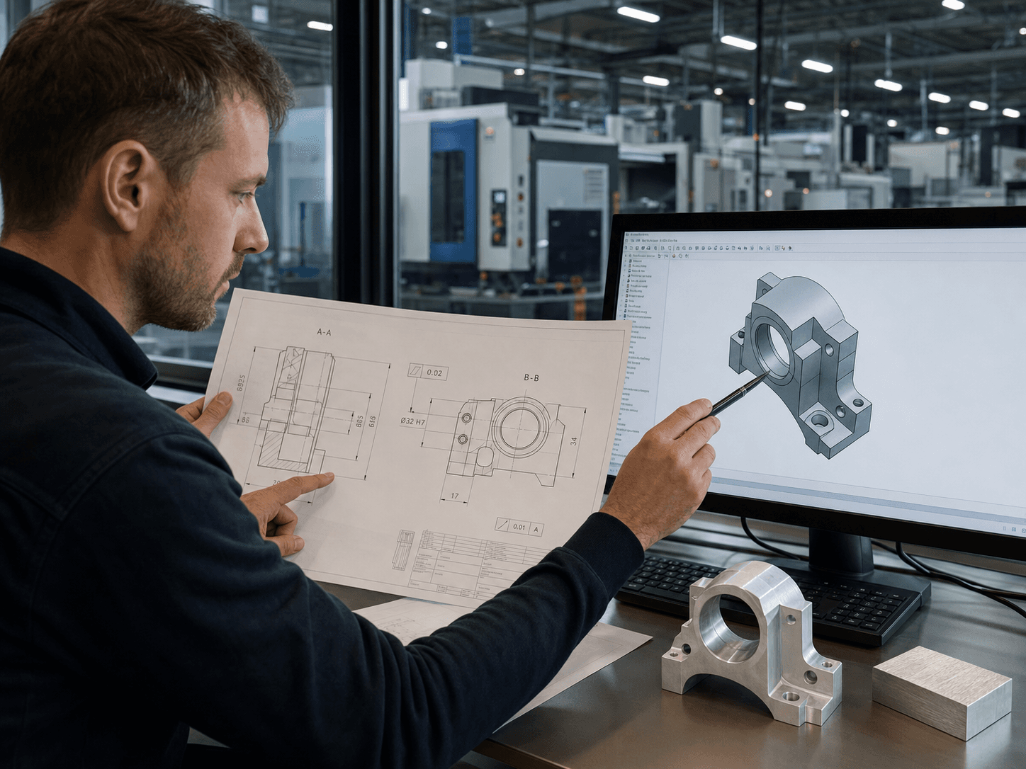 Engineer reviewing a technical drawing and CNC-machined component at a professional manufacturing workstation