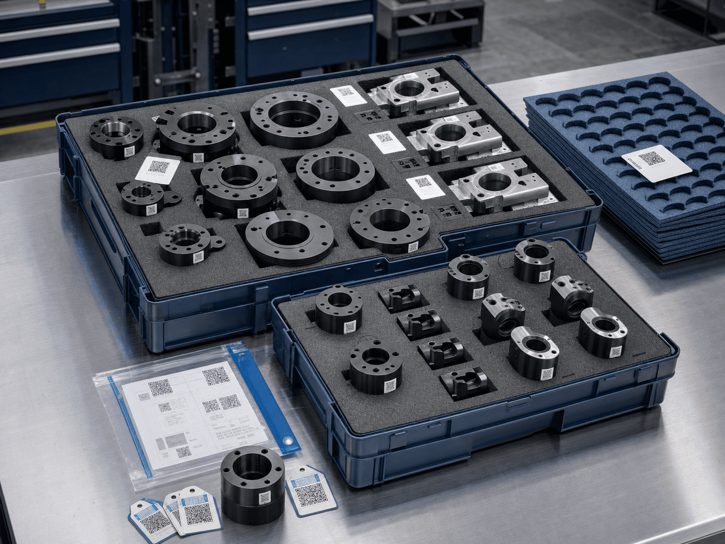 Finished CNC-machined steel components labeled and organized with identification tags before shipment