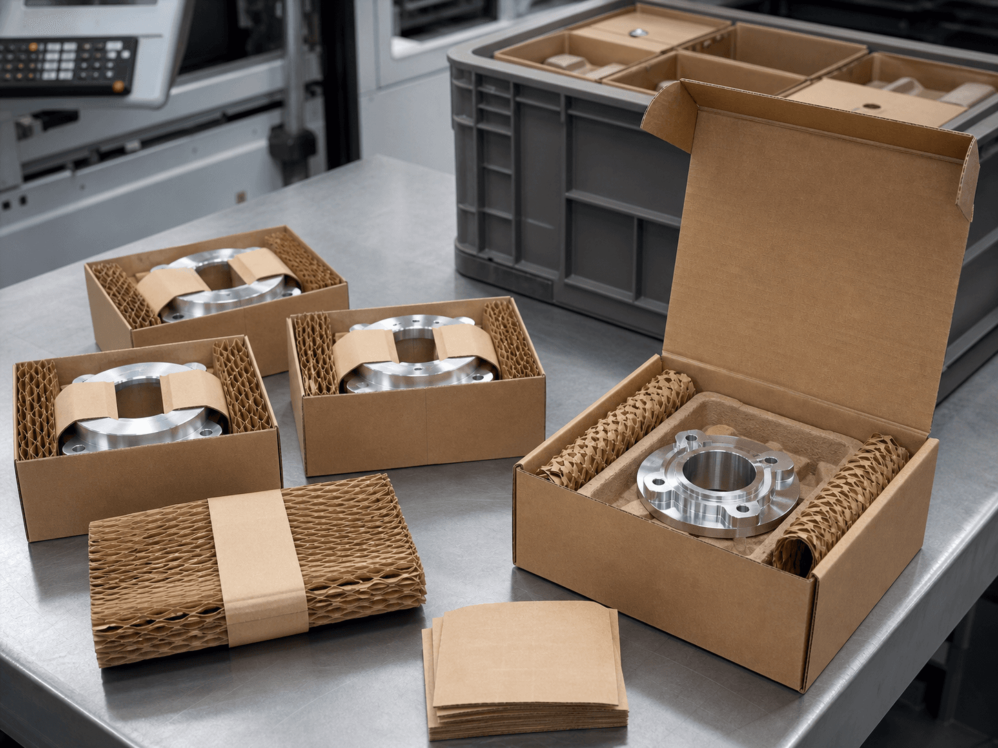 Machined metal component being packed securely in paper-based protective packaging for industrial shipment