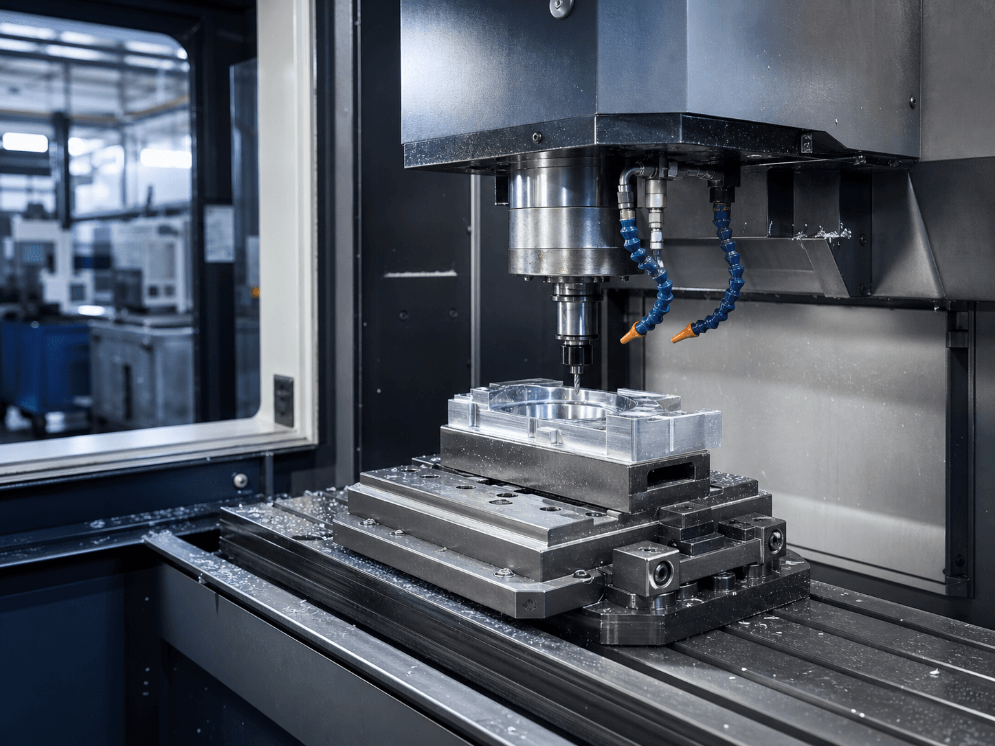 CNC milling machine producing a precision aluminium component